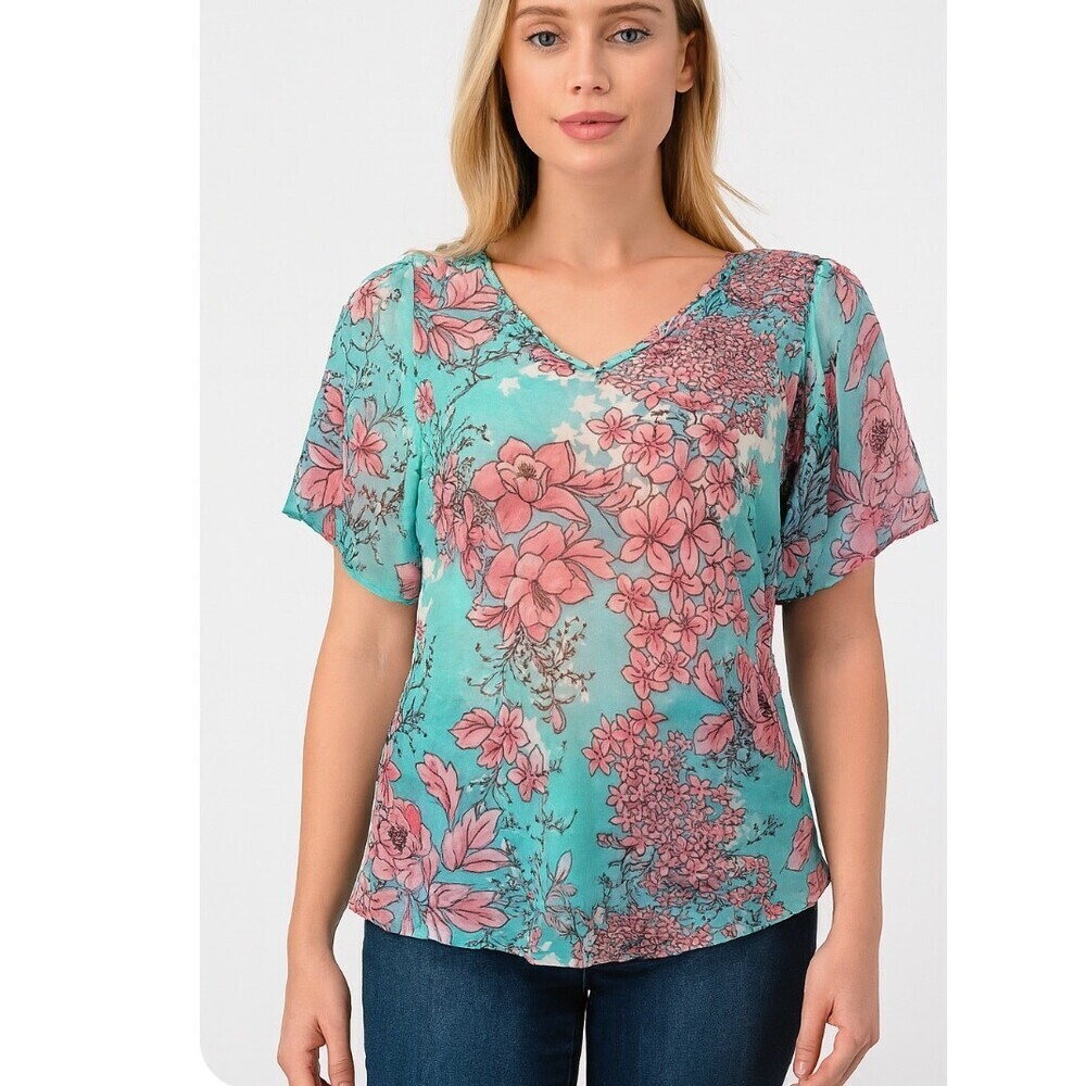 Karen Kane blouse lightweight floral SZ SM top teal blue/pink
